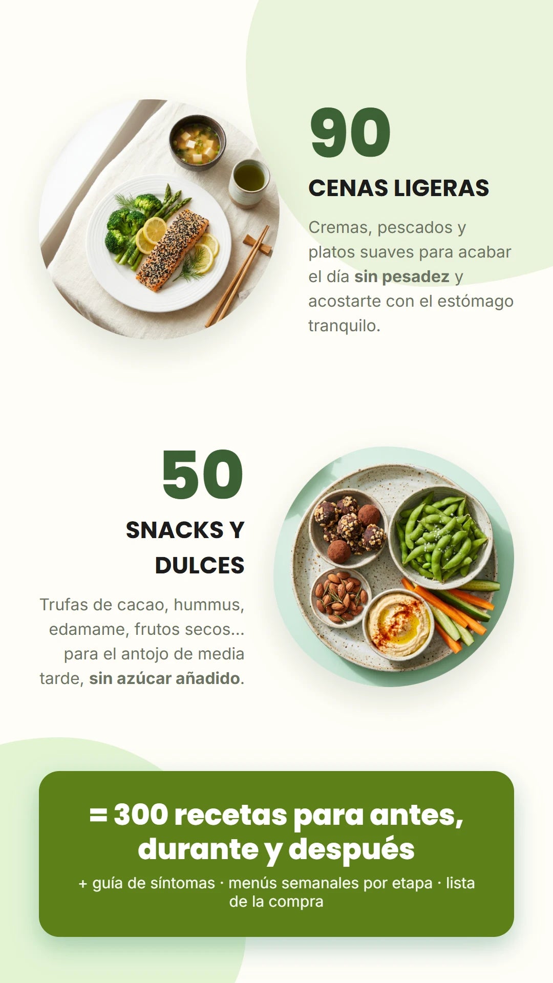 90 cenas ligeras y 50 snacks y dulces: 300 recetas para antes, durante y después