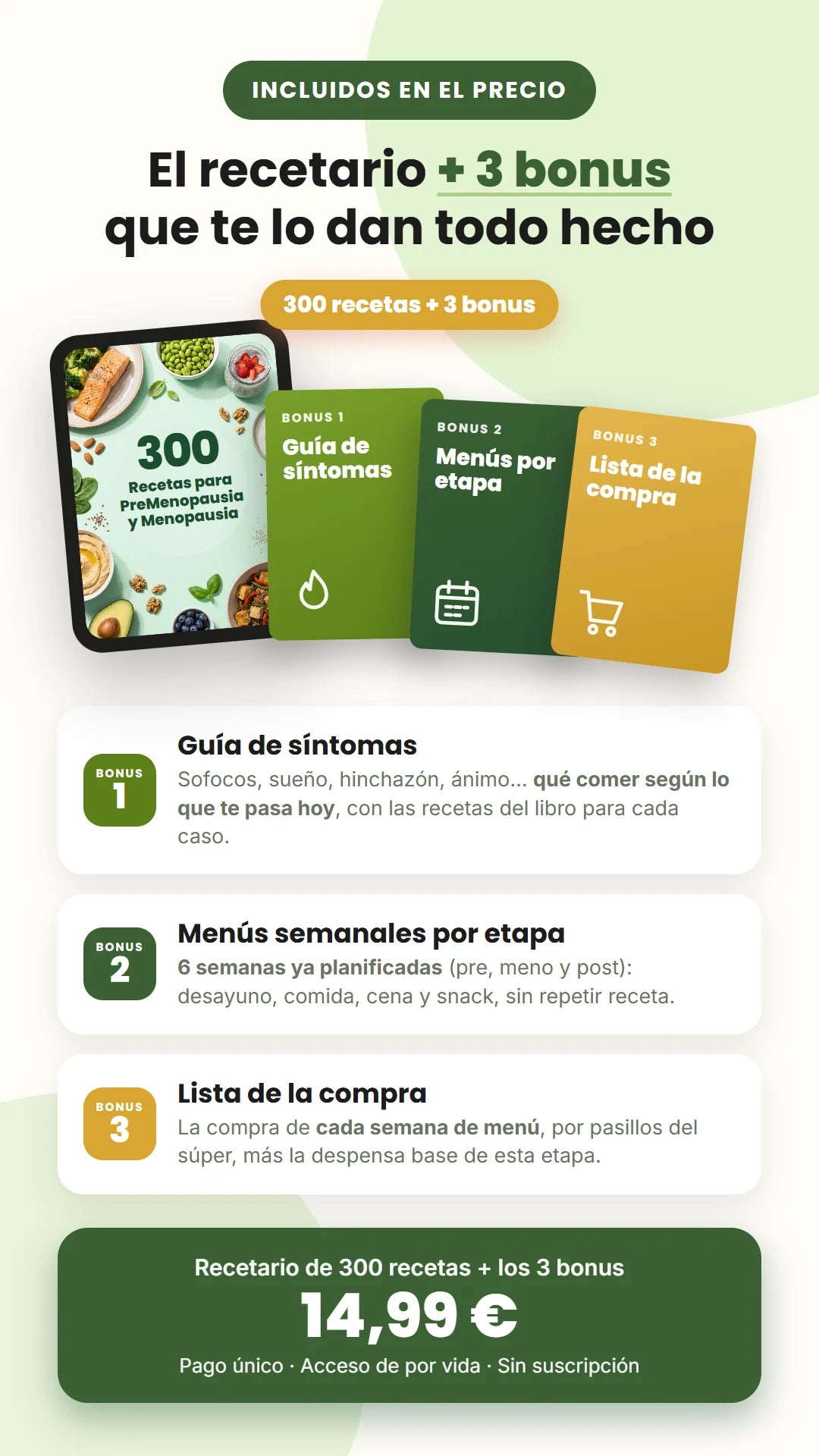 El recetario más 3 bonus: guía de síntomas, menús semanales por etapa y lista de la compra