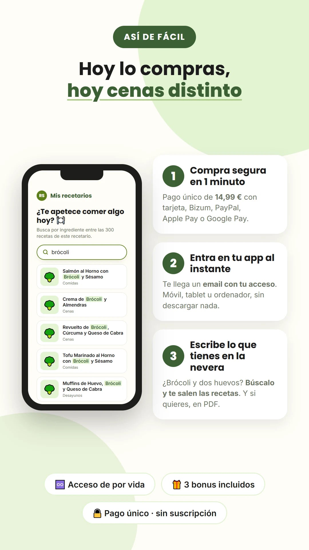 Cómo funciona: compra, entra en tu app y busca por ingrediente